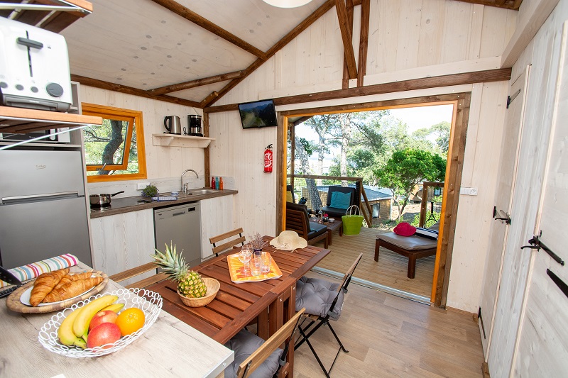 Pièce à vivre, terrasse et cuisine Cabane Lodge